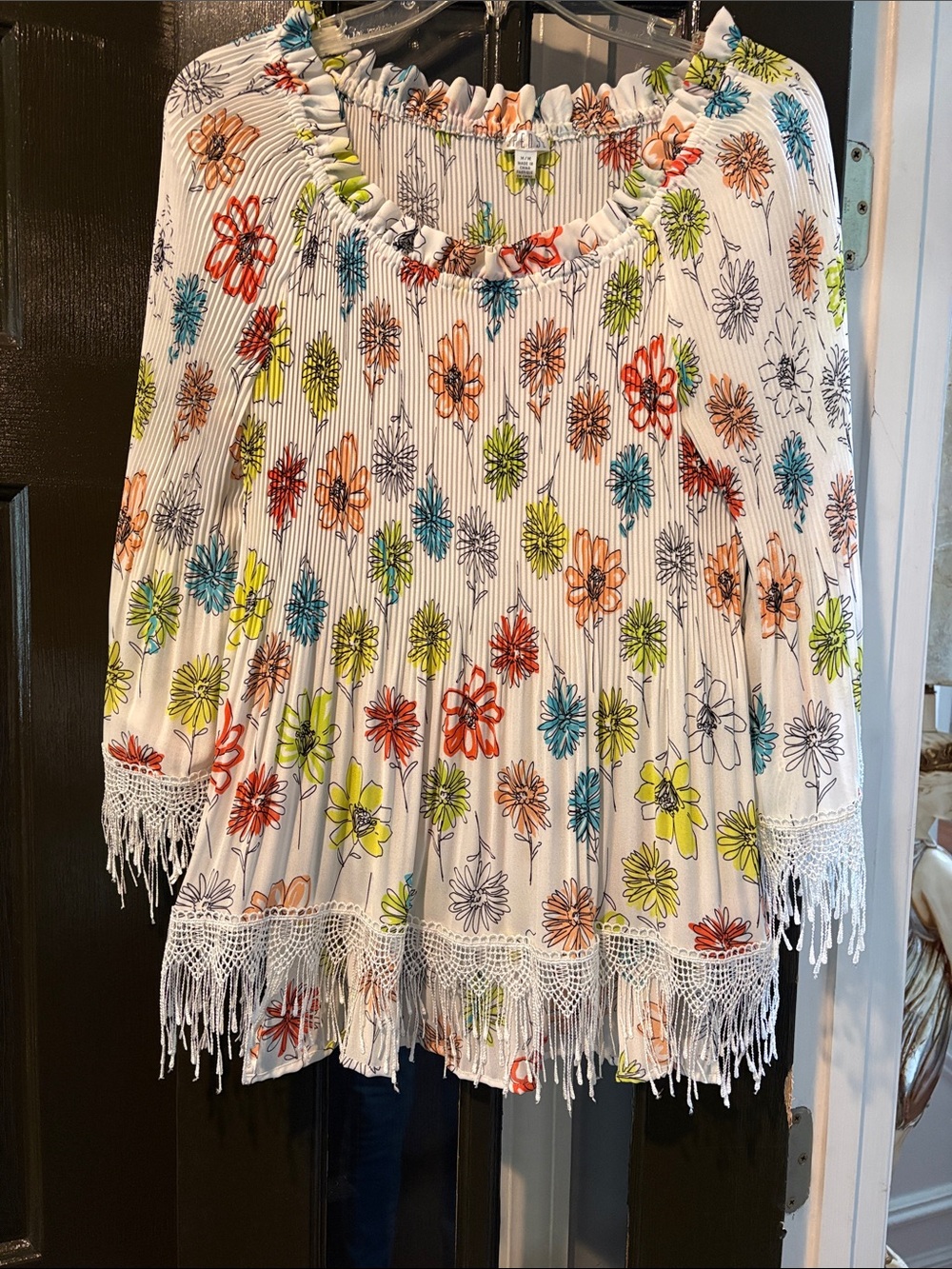 Spense White Tunic with Multicolor Floral Print and Fringe